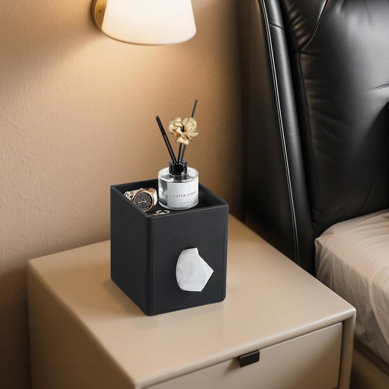 Cretkhp Tissue Box Cover, PU Leather Square Tissue Box Holder with Storage Tray for Bathroom Vanity Countertop Night Stands Bedroom Office Desk, Stylish Tissue Holder Decorative Organizer (Black) - Image 5